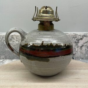 Vintage Studio Art Pottery Brass Oil Lamp Round Base Handle & Wick Artist Signed
